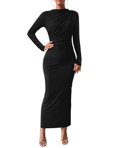 BTFBM Women Bodycon Maxi Dress Long Sleeve Back Slit Ruched Elegant Party Cocktail Formal Fall Wedding Guest Dresses(Black, Small) - Image 1