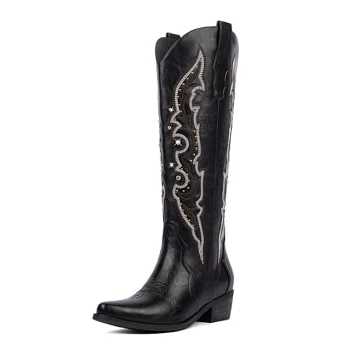 QIY Womens Cowboy Cowgirl Boots Black Knee High Cowgirl Rhinestone Sparkly Western Embroidered Tall Cowboy Boots for Women with Chunky Low Heel Pointed Almond Toe Side Zipper Black Size 9 - Image 1
