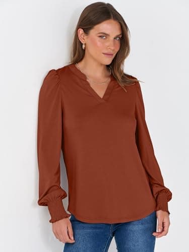 ANRABESS Women's Puff Long Sleeve Shirts V Neck Loose T-Shirts Dressy Casual Work Blouses 2026 Fall Tops Trendy Clothes Brown S - Thumbnail 5