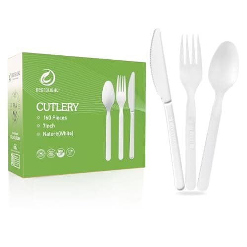 Disposable Cutlery Set [160 Pcs] BPI Certified Utensils Set with 60 Compostable Forks, 50 CPLA Spoons and 50 Disposable Knives, Eco-Friendly Compostable Cutlery for Outdoor, Party, Camping & Daily - Image 1