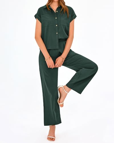 PRETTYGARDEN Womens 2 Piece sets Summer Cap Sleeve Tops Palazzo Pants Dressy Casual Vacation Travel Outfits Tracksuits(Dark Green,X-Large) - Thumbnail 6