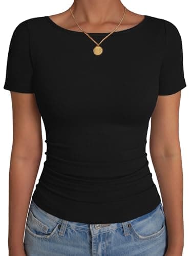 GKBK Boat Neck Tops for Women Ribbed Short Sleeve T-Shirts Slim Fitted Tight Compression Top Soft Y2K Basic Casual Going Out Tops for Spring Summer 2026 Trendy Fashion Outfits Black - Image 1