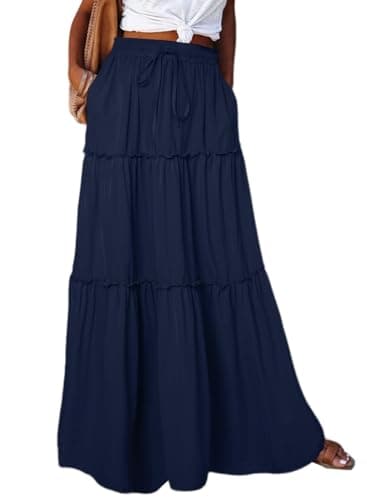 Happy Sailed Maxi Skirts for Women 2025 Fashion Boho Style High Waist Elastic Waist A Line Flowy Long Beach Skirt with Pockets Navy Blue Small - Image 1