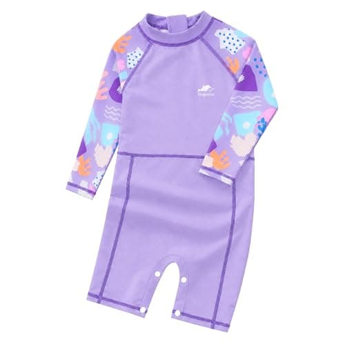 Gogokids Baby Girls Boys Zip & Snap Swimsuit Toddler Rash Guard UPF 50+ Sun Protection Bathing Suit, Back Zip Long Sleeve Swimwear with Snaps,Purple Flowers, 3-4T - Image 1
