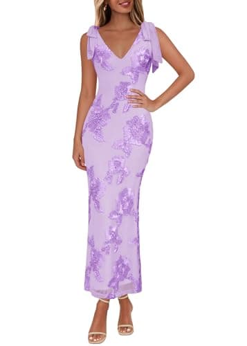 Lazysmile Womens Floral Embroidered Maxi Dress Sleeveless V Neck Tie Strap Ribbon Flower Mesh Party Cocktail Dresses - Image 1