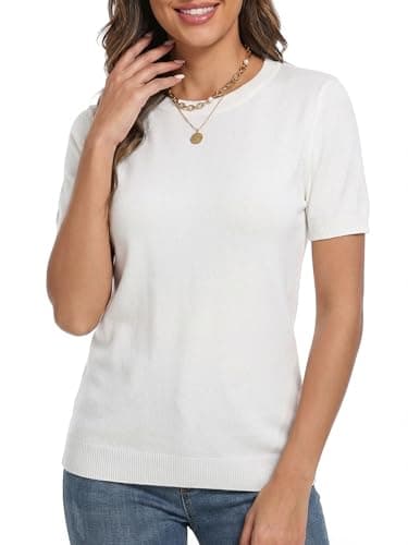 LaGracia Wool Blend Sweaters for Women Crewneck Short Sleeve Lightweight Sweater Office Summer Outfits Beige 2XL - Thumbnail 4