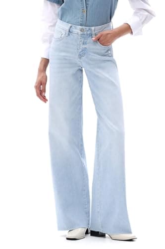ONESO Mid Waisted High Stretchy BBL Wide Leg Baggy Jeans Tummy Control Holiday Party Distressed Denim Pants Light Blue - Image 1
