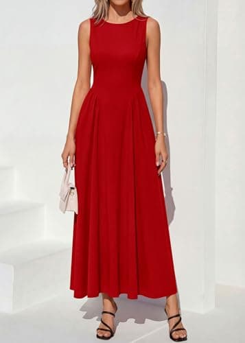 KIRUNDO Wedding Guest Dresses for Women 2026 Summer Semi Formal Work Sleeveless Elegant Boat Neck Flowy A Line Maxi Dress(Red, Large) - Thumbnail 4