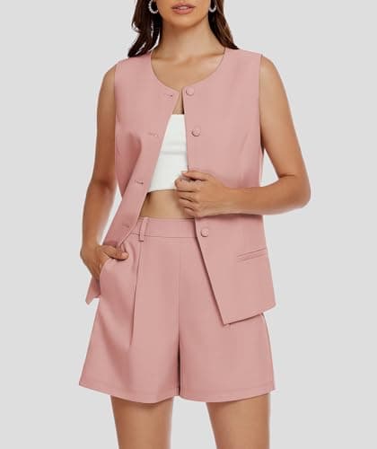 Casly Lamiit 2 Piece Outfits for Women Summer Casual Short Sets 2025 Round Neck Vest Ladies Business Suiting Work Matching Attire Pink S - Thumbnail 3