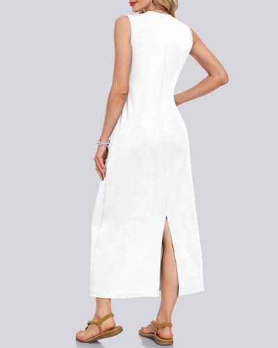MISFAY Women's V Neck Summer Sleeveless Maxi Dress Beach Cruise Long Dresses Bridal Shower Dress with Pockets(White,L) - Thumbnail 2