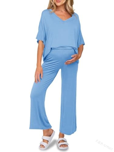 Tankaneo Womens Maternity Pajamas 2 Piece Lounge Set Soft Short Sleeve V Neck T-shirt Cropped Pants Pregnancy Loungewear, Sky Blue, Medium - Image 1