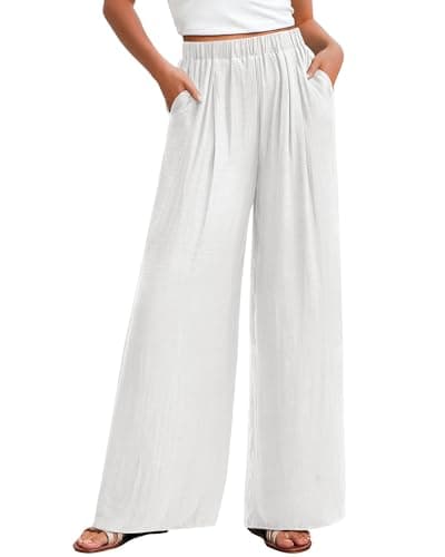 KIRUNDO Flowy Pants for Women Summer 2026 Wide Leg Palazzo Pants Elastic Waist Lounge Trousers Pockets Beach Vacation Outfits(White, Large) - Image 1