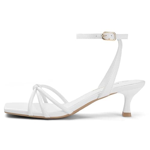 Athlefit White Kitten Heels for Women Square Open Toe Strappy Low Heels Comfortable Dressy Ankle Strap Sandals Size 9 - Thumbnail 4