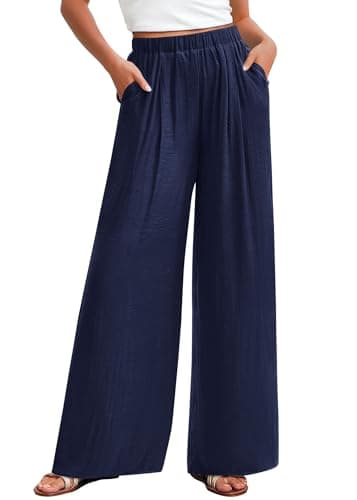 KIRUNDO Wide Leg Pants for Women Summer Flowy Elastic Waist Palazzo Pants Lounge Trousers with Pockets Beach Vacation Outfits(Navy Blue, XX-Large) - Image 1