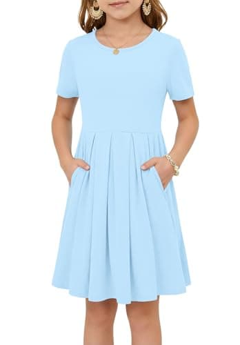 Girls Summer Short Sleeve Dress Kids Casual Crew Neck Pleated Loose A Line Swing Knee Length Cute Dress with Pockets Sky Blue XS - Image 1