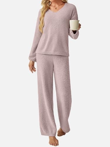 GKBK Womens 2 Piece Outfits Knit Sweater Sets Fuzzy Fleece Long Sleeve Top Wide Leg Pants Loungewear Matching Lounge Set 2026 Fall Winter Fashion Clothes Light Pink XL - Thumbnail 5