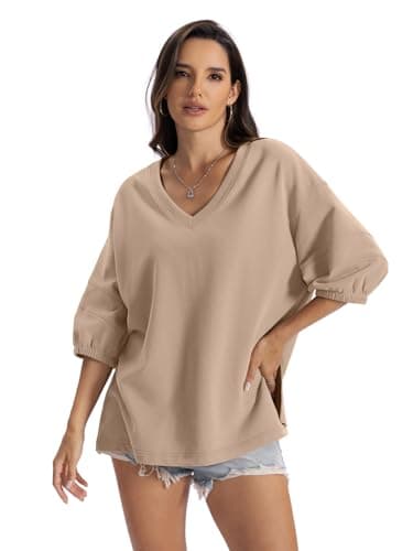 EasyGala Womens Cotton V Neck Sweatshirt 3/4 Sleeve Slouchy Fit Going Out Tops Trendy Side Slit Work Shirt Casual Fall Lightweight Outfits Y2K Winter Clothes 2025 Coffee Grey Medium - Thumbnail 3