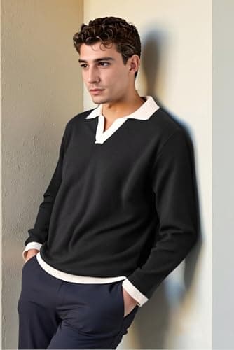 BAYAMO Mens Polo Sweater V Neck Long Sleeve Pullover Sweater Casual Knit Textured Sweater Black 3XL - Thumbnail 3