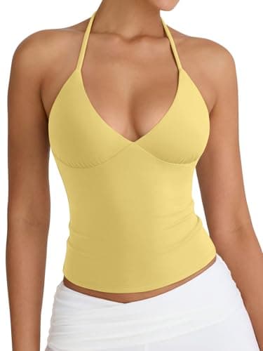 PINKMSTYLE Halter Tops for Women 2026 Summer Going Out Tops Backless Sleeveless Shirts Cute Y2k Clothes Lemon Yellow Small - Image 1