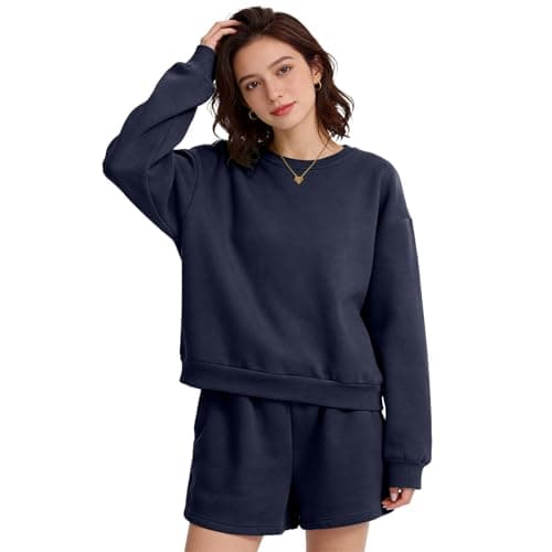 Anyshe Women's 2 Piece Fleece Lined Short Set - High Waisted Crew Neck Sweatshirt & Shorts, Soft Cozy Loungewear for Air Conditioned Rooms & All Season Wear, Navy, Large - Thumbnail 2