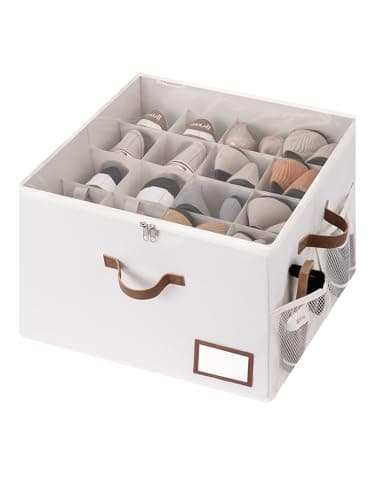 StorageWorks Shoe Organizer for Closet, Shoe Storage Bins with Clear Lid, Fabric Shoe Boxes with Side Mesh Pockets, Shoe Organizer Bin for Slippers and Flats, Holds Up to 16 Pairs, Beige - Image 1