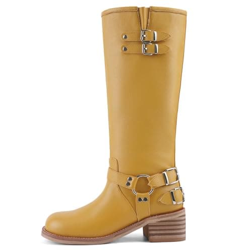 QIV Yellow Pebbled Knee High Motorcycle Boots for Women – Classic Harness Ring Mid Calf Riding Biker Boots with Buckle Straps & Low Block Heel Size 7.5 - Image 1