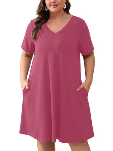 AusLook Plus Size Midi Dress for Women Purple Red 2X Short Sleeve Loose V Neck Summer Casual A Line Knee Length Work Outfit T Shirt 2026 Sundresses with Pockets - Image 1