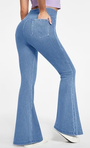 IUGA Stretchy Jeans for Women Bell Bottom Jeans V Cross High Waisted Jeggings Pull On Wide Leg Sweatpant Jean Flare Leggings(Baby Blue, Small) - Thumbnail 2