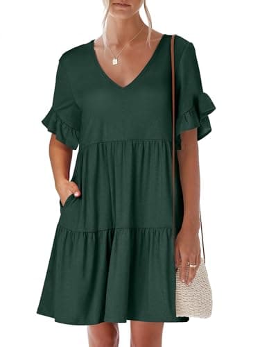 ANRABESS Dresses for Women Summer 2026 V Neck Ruffle Sleeve A Line Tiered Flowy Casual Trendy Mini Beach Dress with Pockets Deep Green Small - Image 1