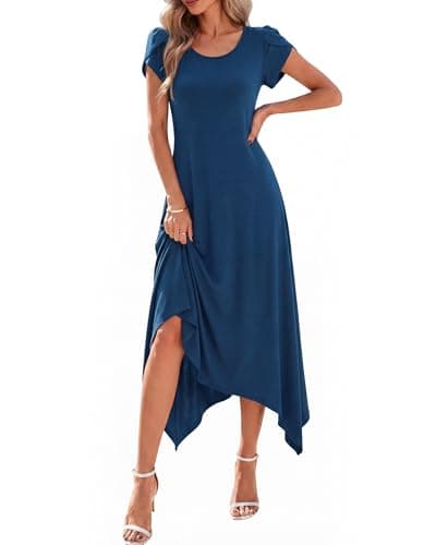 Pleneal Dresses for Women 2026 Casual Summer Maxi Dress Beach Sun Dress with Pockets Short Sleeve Long Vacation Dresses Navy - Image 1