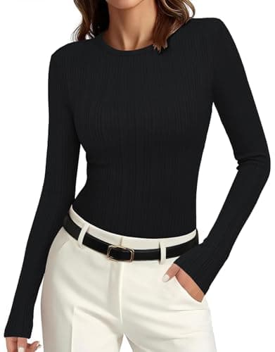 PRETTYGARDEN Womens Long Sleeve Shirts 2026 Basic Crewneck Ribbed Knit Slim Fitting Pullover Tees Top Spring Outfits (Black, Large) - Image 1