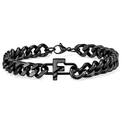 KLIFOWDY Cuban Link Initial Bracelets for Men - Stainless Steel Black Letter F Bracelet Jewelry Gifts with National Flag Design for Him Boyfriend Husband Dad Anniversary - Image 1