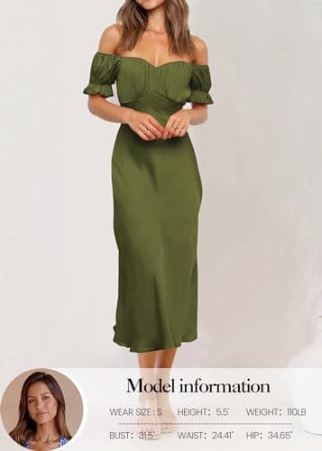 KIRUNDO Women's 2026 Spring Summer Satin Wedding Guest Midi Dress Off The Shoulder Wrap Party Cocktail Formal Prom Dresses(Army Green, Small) - Thumbnail 4