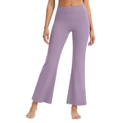 Women's High Waist Full-Length Flare Leggings with Side Slit - Tummy Control Butt Lifting Gym Yoga Pants (Purple, Large) - Image 1