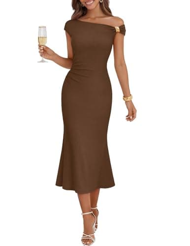 MEROKEETY Women's Wedding Guest One Shoulder Dresses 2026 Summer Formal Elegant Cocktail Party Midi Dress, Brown, M - Image 1