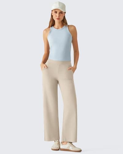 G4Free Women's Wide Leg Pants Ankle Length Wide Leg Trousers Crossover Waistband Stretch Workout Pants with Pockets Breathable(Light Khaki,L,Regular) - Thumbnail 6