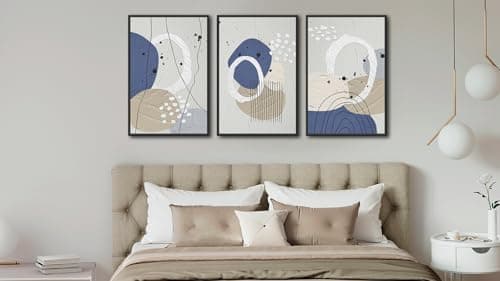 Large Framed Abstract Wall Art Canvas Prints Set of 3, Minimalist Geometric Painting Artwork, Neutral Line Art Gery Blue Beige Canvas Pictures for Living Room Bedroom Office Decor 16"x24"x3 - Thumbnail 3