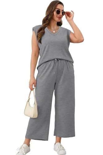 Sampeel Beach Vacation Clothes for Women Summer Outfits Airport Travel Business Casual V Neck Top Sets Matching Sets Women Clothing Plus Size Gray 2XL - Thumbnail 4