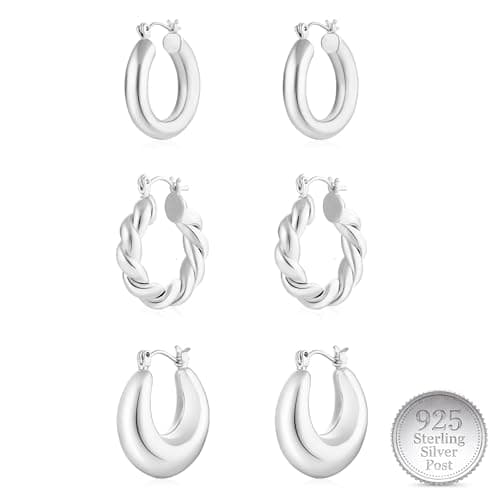 WGOUD 3Pairs 14K Gold Plated Chunky Hoop Earrings Set for Women, Trendy Hoop Earring Sterling Silver Post - Hypoallergenic Thick Lightweight Twisted Hoops Dainty Gold Earrings for Women Jewelry Gifts (Silver) - Image 1