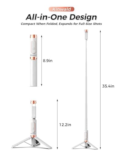 Kinwald Selfie Stick Tripod for iPhone & Android – Portable Phone Tripod Stand with Bluetooth Remote, One-Click Open, Compact & Lightweight for Vlogging, Travel & Everyday Use(White) - Thumbnail 2