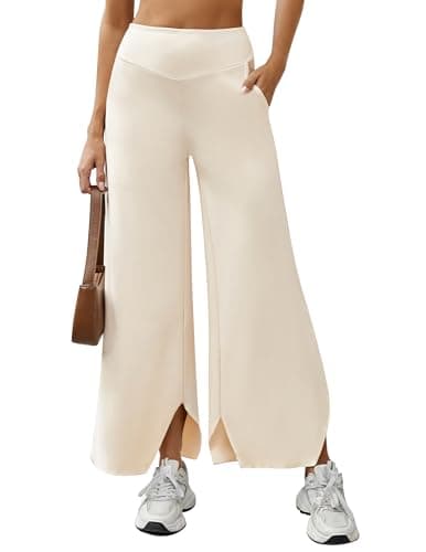 LOOKBOHO Women's Wide Leg Yoga Pants High Waisted Comfy Sweatpants Loose Casual Soft Lounge Dance Pant with Pockets Light Khaki L