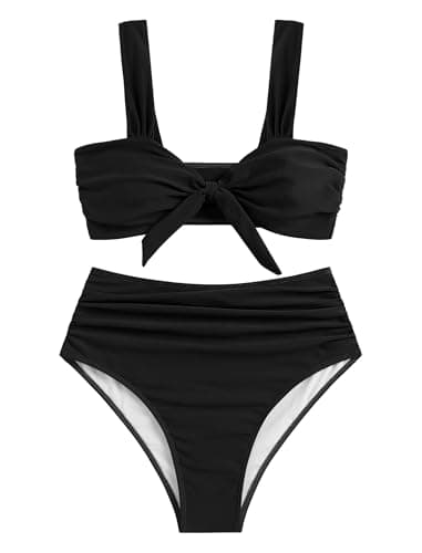 ZAFUL Womens Ruched High Waisted Bikini Set Tie Knot High Rise Two Piece Swimsuits Bathing Suits High Waist Tummy Control Bikini Bottom Black XL - Thumbnail 6