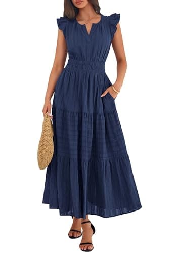 BTFBM Womens Summer Maxi Dress 2026 Spring Boho Vacation Ruffle Flutter Short Sleeve A Line Tiered Flowy Dresses Pockets(Navy Blue, Medium) - Thumbnail 2