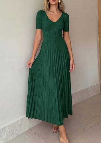 PRETTYGARDEN Women's 2026 Spring Midi Sweater Dresses Elegant Pleated Ribbed Knit Short Sleeve V Neck A Line Summer Outfits (Dark Green,Large) - Thumbnail 3