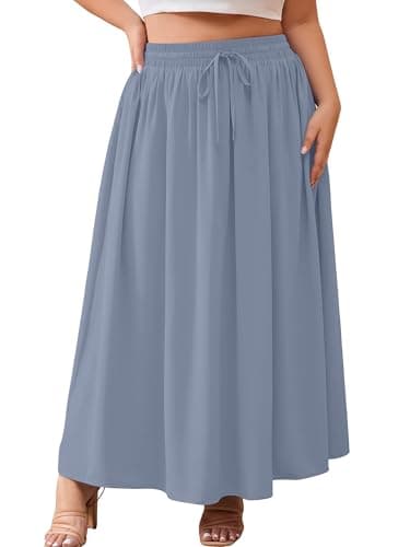 AusLook Plus Size Maxi Skirt for Women High Waisted Elastic Waist Flowy A Line Long Blue Gray 3X Skirt with Pockets Casual Summer Beach Vacation