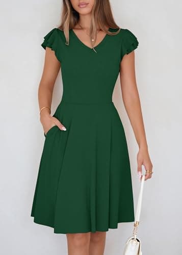 Lazysmile Summer Dresses for Women Ruffle Short Sleeve V Neck A Line Swing Ribbed Knit Casual Mini Short Dress Dark Green - Thumbnail 4