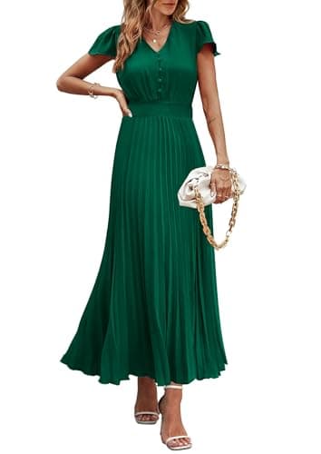 PRETTYGARDEN Women's Summer Maxi Dresses 2026 Trendy Casual Button V Neck Ruffle Cap Sleeve Long Flowy Spring Pleated Dress (Dark Green,XX-Large) - Image 1