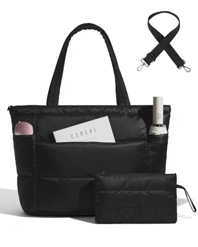 Moyad Puffer Tote Bag for Women, Lightweight Quilted Shoulder Handbag with Zipper, Nurse Bags for Work Teacher Appreciation Gifts Travel Gym Accessories, Black - Image 1