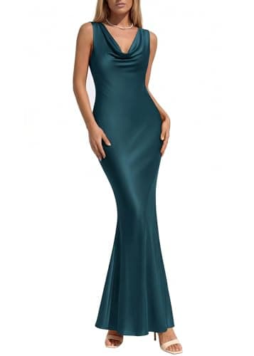 KIRUNDO Womens Summer Cowl Neck Sleeveless Satin Maxi Dress Elegant Bodycon Cocktail Wedding Guest Party Long Dresses(Dark Blue, X-Large) - Image 1