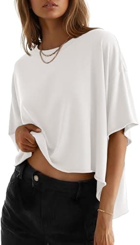 JINKESI Summer Shirts 2026 Womens Oversized T-Shirts Crew Neck Casual Short Sleeve Loose Basic Tee Tops White-M - Image 1